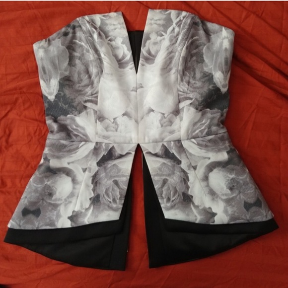 Finders Keepers Tops - Floral Black and White Peplum Strapless Top